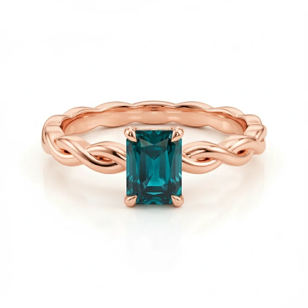 Bague de fiançailles tressée centre saphir teal taille radian