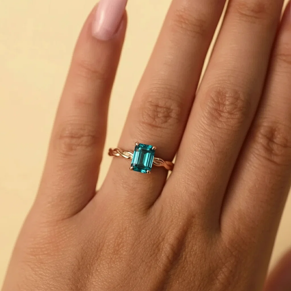Bague de fiançailles tressée centre saphir teal taille radian