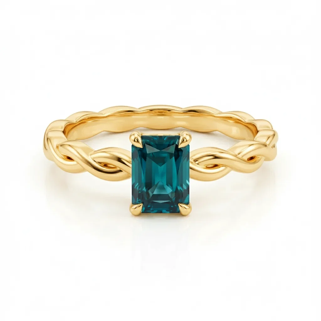 Bague de fiançailles tressée centre saphir teal taille radian