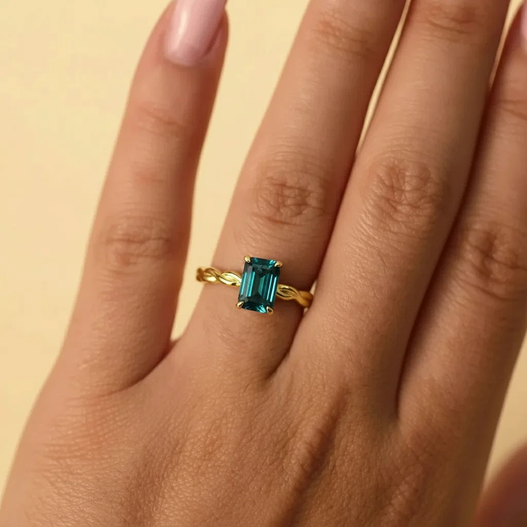 Bague de fiançailles tressée centre saphir teal taille radian