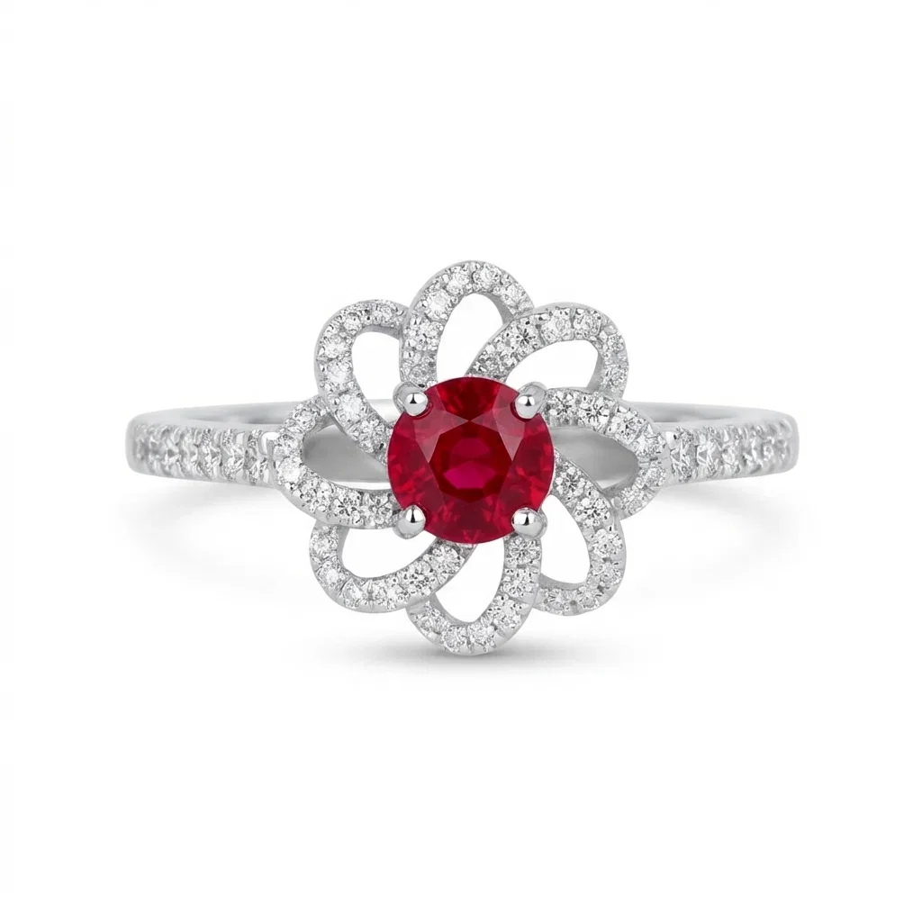 Bague fleur rubis entourage vintage