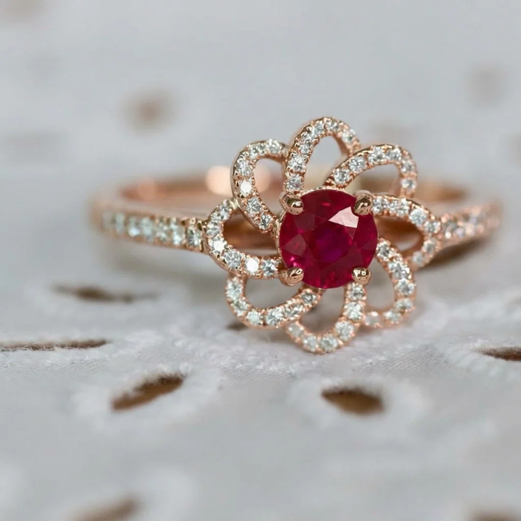 Bague fleur rubis entourage vintage