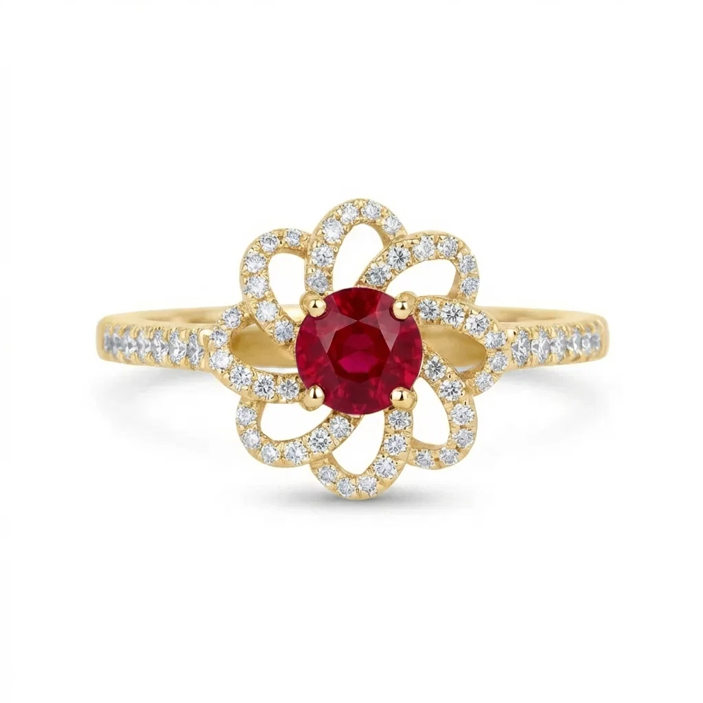 Bague fleur rubis entourage vintage