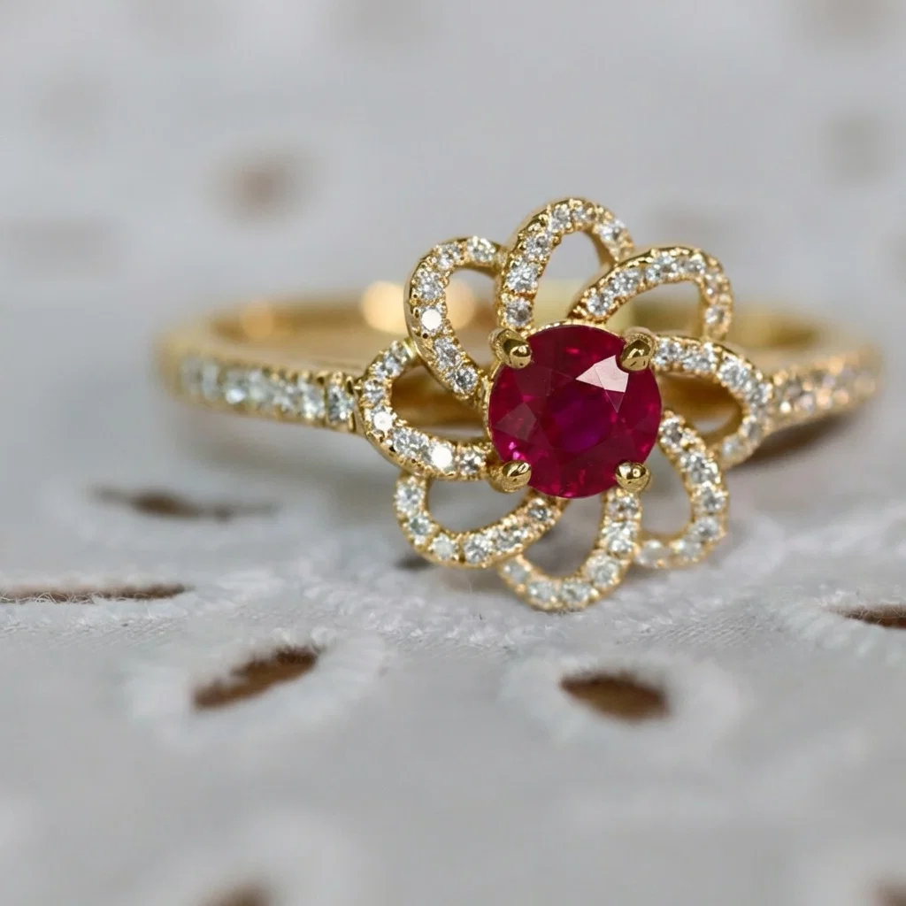 Bague fleur rubis entourage vintage
