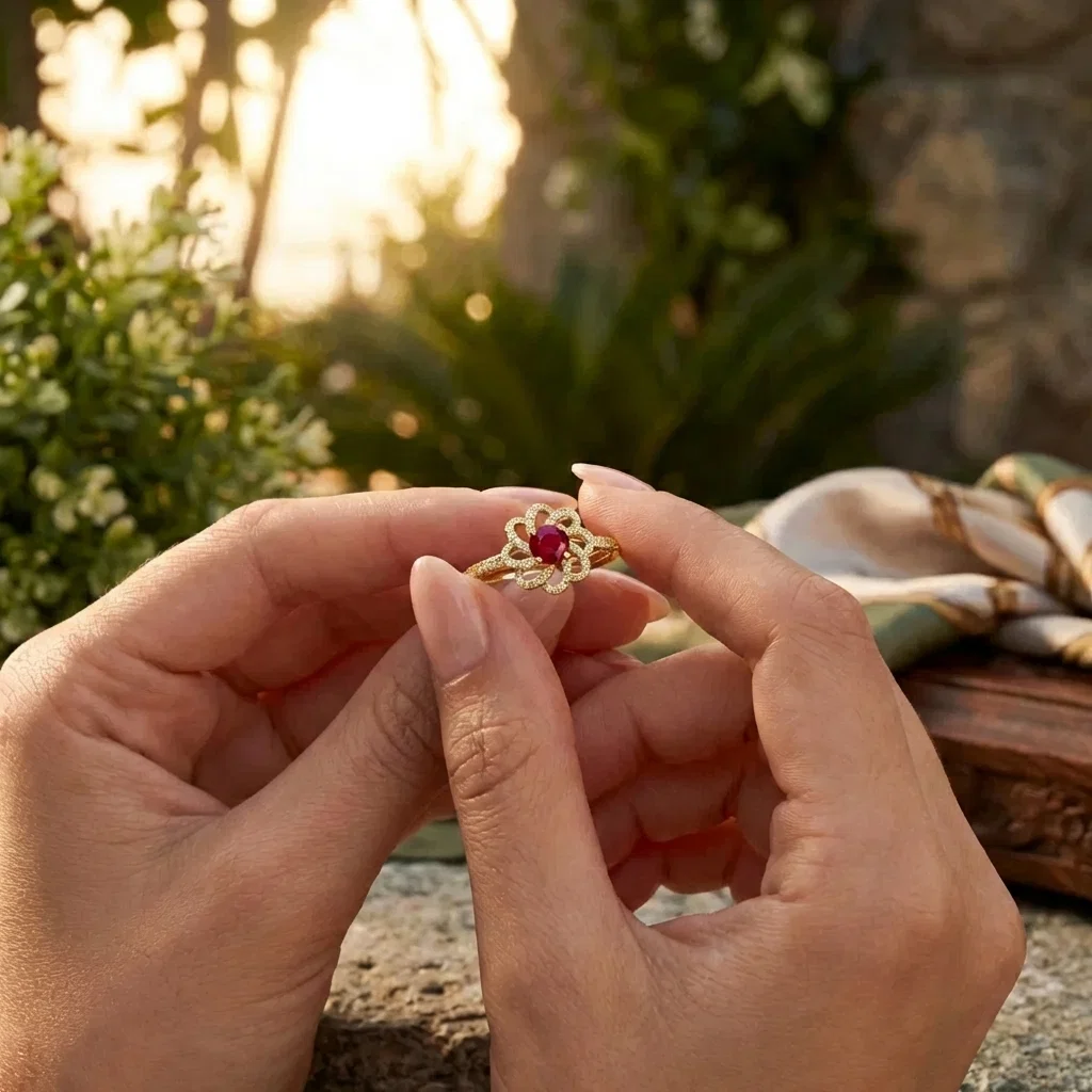 Bague fleur rubis entourage vintage