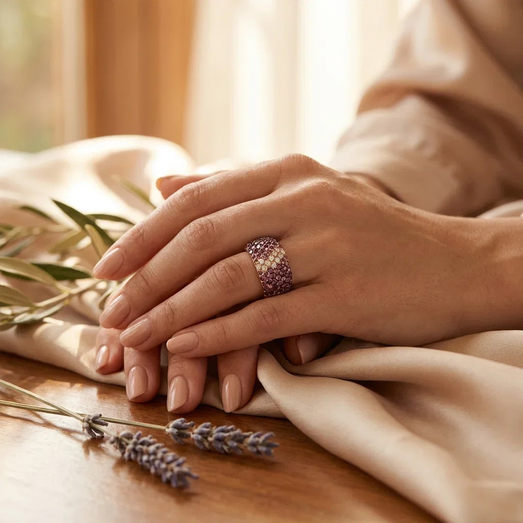 Bague jonc pavé semi précieuses et diamants or rose