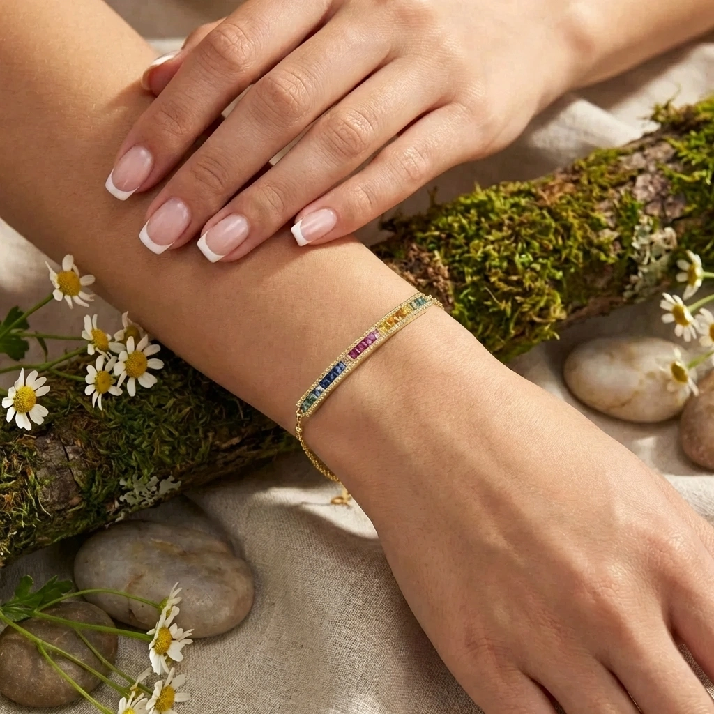 Bracelet barrette saphirs princess multicolores or jaune