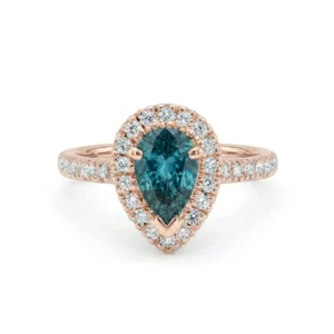 Bague de fiançailles poire pavé saphir teal or rose
